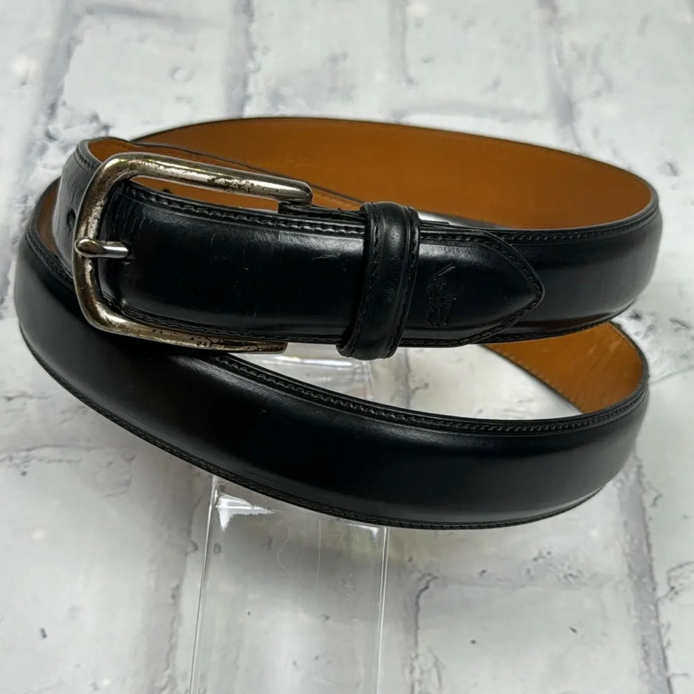 Polo Ralph Lauren Genuine Leather Belt Black with Brass Buckle Horse Logo